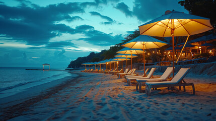 Parasols and loungers in front of a sea in the evening in summer
