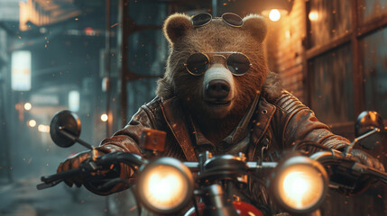 A bear in a biker jacket, roaring on a miniature motorcycle.
