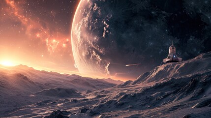 A human base station on alien land landscape with giant planet and mountains.