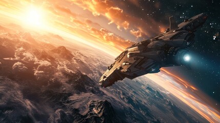 A space airplane spaceship flying over a giant planet in space.