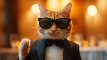 A cat strutting down the runway in a chic tuxedo and sunglasses. - obrazy, fototapety, plakaty