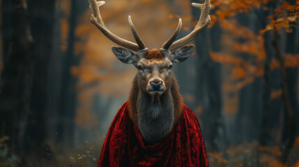 A deer in a velvet cape, majestic and fashionable in the forest.
