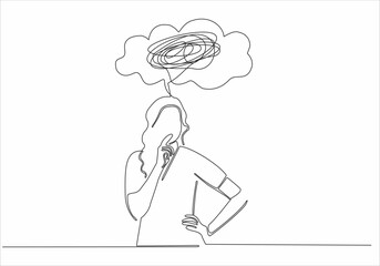 Continuous line drawing of young woman feeling sad, tired and worried suffering from depression in mental health. problem, failure and broken heart concept isolated on white background
