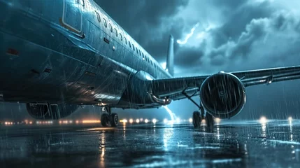 Foto op Canvas An airplane park at airport in thunder storm with lightning strikes. © Joyce