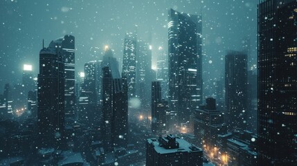 Cold winter with heavy snow of a futuristic city with modern skyscraper buildings. - Powered by Adobe