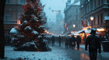 Obraz premium Holiday decoration in street with beautiful historical buildings in winter with snow and fog in Prague city in Czech Republic in Europe.