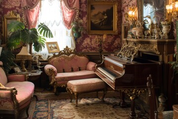 Fototapeta na wymiar The stately room whispers tales of elegance with its grand piano, opulent furniture, and ornate decorations basking in the warm light.