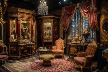 The opulent room is steeped in a regal ambiance, where vintage furnishings and luxurious fabrics evoke a bygone era of splendor. - obrazy, fototapety, plakaty