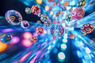 Dancing through a vibrant cosmos of light, lottery balls shimmer with their fateful digits, hinting at dreams of fortune and chance.