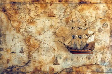 A stately galleon sails the ancient seas, its course charted across a weathered map that whispers tales of daring explorations and discoveries. - obrazy, fototapety, plakaty
