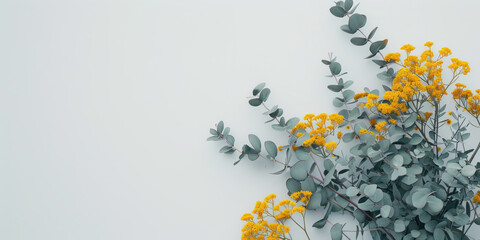 Top view yellow flower and branches spread on white background, fashion summer holiday concept. Flat lay