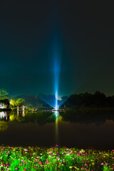 Light beam in the lake at night with flower bed foreground