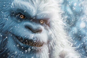 In the heart of winter's embrace, a mythical yeti peers curiously, its eyes aglow against the swirling snow. - obrazy, fototapety, plakaty