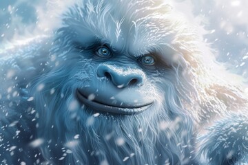 In the frosty embrace of winter, a majestic yeti with icy fur and a gentle gaze seems to contemplate the serene beauty of its snowy realm.