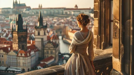 Rolgordijnen Portrait of Medieval woman in balcony with rooftop view of Prague city in Czech Republic in Europe. © Joyce