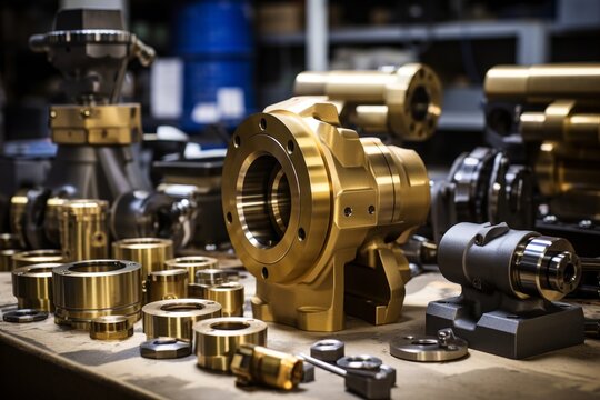 A Close-Up Image of a Shiny Brass Fitting, Perfectly Machined and Lying on a Workbench Surrounded by Various Industrial Tools and Blueprints