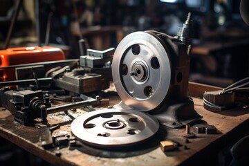 A Close-Up Shot of a Gleaming Metal Disk, Perfectly Round and Smooth, Resting on a Grungy Industrial Workbench Amidst an Array of Tools and Machinery - obrazy, fototapety, plakaty