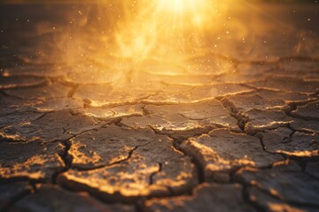 The golden hues of the setting sun cast a warm glow on the dry, cracked earth, as if nature's own spotlight highlights the drama of the parched land. - obrazy, fototapety, plakaty