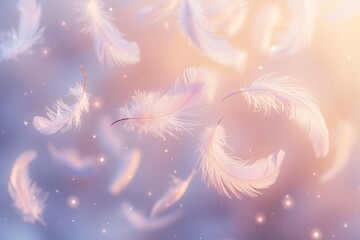 Delicate feathers float on a serene backdrop, casting a dance of grace amidst a softly glowing, pastel sky.