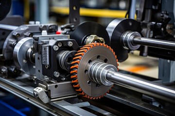 Naklejka premium Close-up view of a robust conveyor belt tensioner in an industrial setting, showcasing its intricate design and the surrounding machinery
