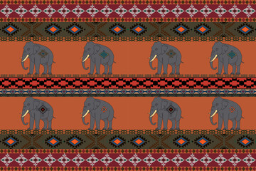 Native American jewelry Southwestern Ethnic Decoration Boho Geometric Jewelry Vector seamless pattern mexican blanket rug Illustration of a woven rug with the image of an elephant.