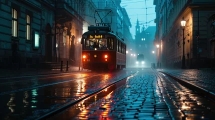 Fotobehang A tram at night in the street of Prague. Czech Republic in Europe. © Joyce