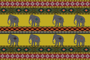 Native American jewelry Southwestern Ethnic Decoration Boho Geometric Jewelry Vector seamless pattern mexican blanket rug Illustration of a woven rug with the image of an elephant.