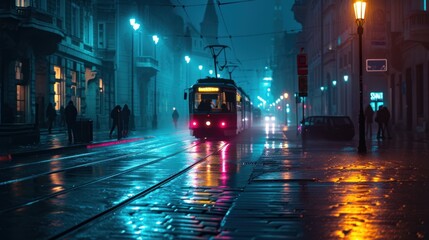 A tram at night in the street of Prague. Czech Republic in Europe. - obrazy, fototapety, plakaty
