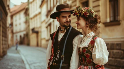 Foto op Canvas A lovely young couple in traditional Czech clothing in street with historic buildings in the city of Prague, Czech Republic in Europe. © Joyce