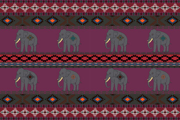 Native American jewelry Southwestern Ethnic Decoration Boho Geometric Jewelry Vector seamless pattern mexican blanket rug Illustration of a woven rug with the image of an elephant.