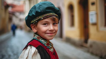 Tuinposter A little boy in traditional Czech clothing in street with historic buildings in the city of Prague, Czech Republic in Europe. © Joyce