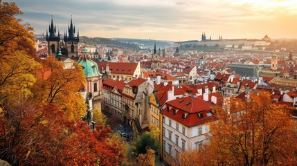 Fototapeta premium Autumn foliage with beautiful historical buildings of Prague city in Czech Republic in Europe.