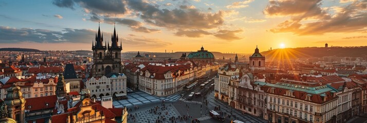 Aerial view of beautiful historical buildings of Prague city at sunrise in Czech Republic in Europe.