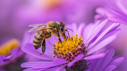 Close-up macro shot captures a bee collecting nectar from a purple wildflower, Ai Generated. - obrazy, fototapety, plakaty