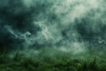Early morning mist swirls above the dewy grass, creating a mysterious atmosphere that whispers of hidden realms and ancient tales. - obrazy, fototapety, plakaty