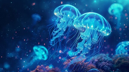 Bioluminescent blue and teal glowing jellyfish illuminate the underwater ocean, surrounded by marine life, Ai Generated.