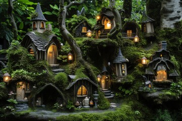 Fototapeta premium Nestled in a lush, green forest, these enchanting fairy tale cottages radiate warmth with their glowing windows, inviting one into a magical realm.