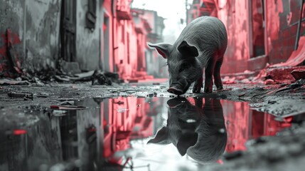 Cinematic photo captures a pig gazing into a puddle, its reflection replaced by another pig, Ai Generated.