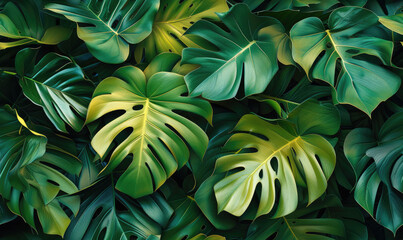 Immerse Yourself in Nature's Tapestry: A Lush Panoramic Backdrop of Dark Green Tropical Leaves Including Monstera, Palm, Coconut, Fern, and Banana Leaf. 