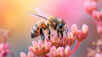 Close-up of a bee landing on a flower for pollination, showcasing nature's intricate symbiosis, Ai Generated. - obrazy, fototapety, plakaty