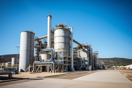 A panoramic view of a bustling pelletizing plant with towering silos, conveyor belts, and a backdrop of a clear blue sky