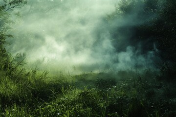 Morning mist weaves through the forest, casting an ethereal glow over the lush greenery, painting a serene scene of nature's quiet awakening.