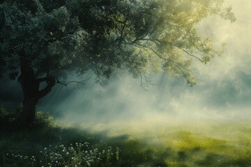 The early morning sun pierces through the mist, casting ethereal rays that dance between the leaves of an ancient, lone tree. - obrazy, fototapety, plakaty