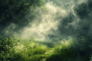 In the serene forest clearing, ethereal mist weaves through sunbeams, creating a magical dance of...