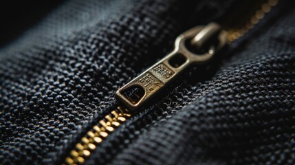 Detailed close-up of black fabric zipper, highlighting intricate texture. Ai Generated