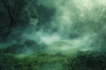 Keuken spatwand met foto As dawn breaks, a mystical fog weaves through the verdant forest, enshrouding the landscape in an ethereal blanket of green haze. © tonstock
