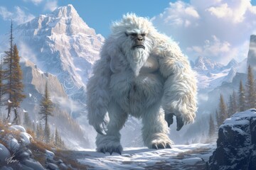 A majestic creature, covered in thick white fur, wanders the snowy mountain path, its presence as awe-inspiring as the peaks themselves.