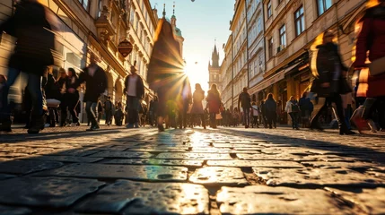 Foto op Canvas Low angle view of street with historical buildings in Prague city in Czech Republic in Europe. © Joyce