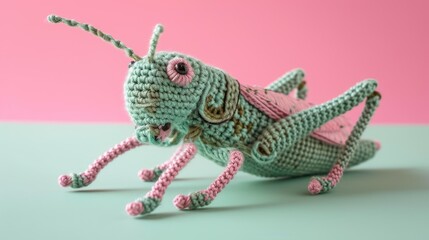 Crocheted grasshopper toy vibrant backdrop, handcrafted and adorable, Ai Generated