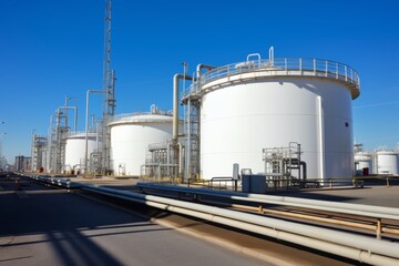 Obraz premium Industrial Landscape of an Engine Oil Filling Station with Rows of Large Storage Tanks, Piping Systems and a Clear Blue Sky in the Background
